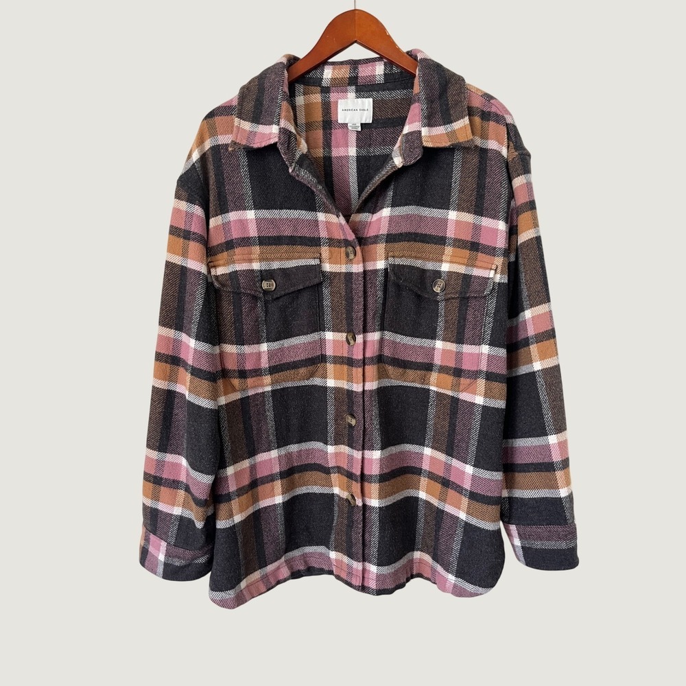 American Eagle Plaid Flannel Shirt Jacket Pink Grey Ochre Oversized Shacket L